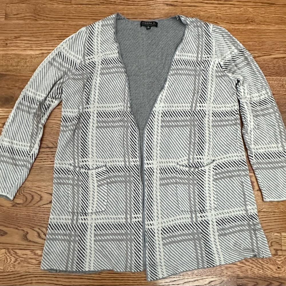 Beige and gray plaid open front cardigan